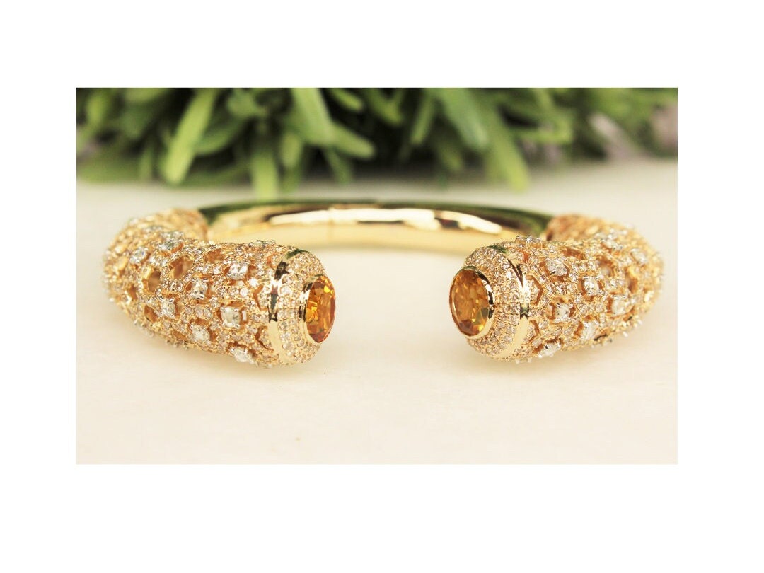 Citrin Und Fancy Diamanten Manschette Armband, 585Er Gold, Moissanit Filigranes Geschenk Für Sie von diamondaffaire