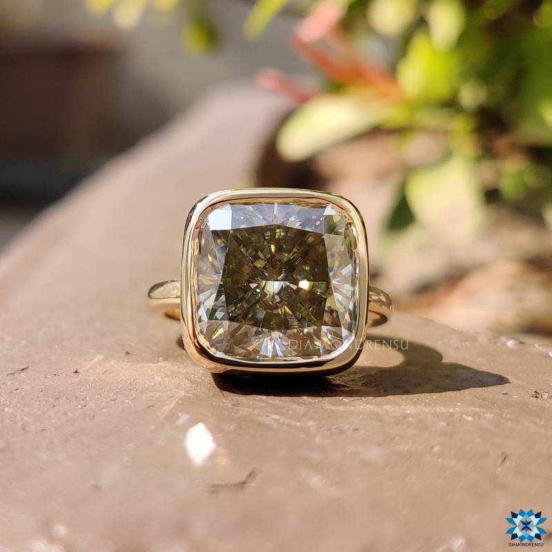 8.48 Ct Kissen Gelb Grau Moissanit Lünette Set Verlobungsring, Solitär Ehering,/Weiß Rose Gold Ring, Jubiläumsgeschenk von diamondrensu