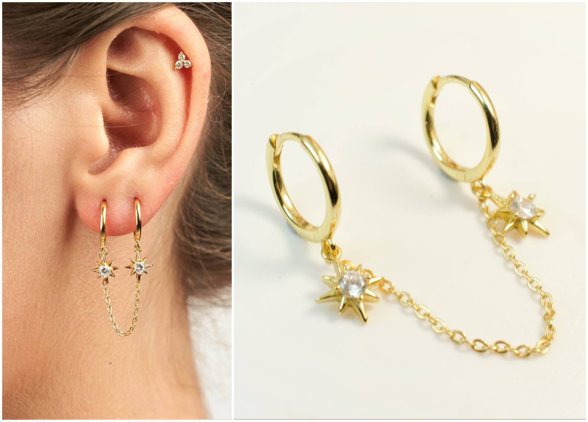 Doppel Piercing Ohrringe - Huggie Gold Handschellen Mit Kette Kettenohrringe von diatjewels