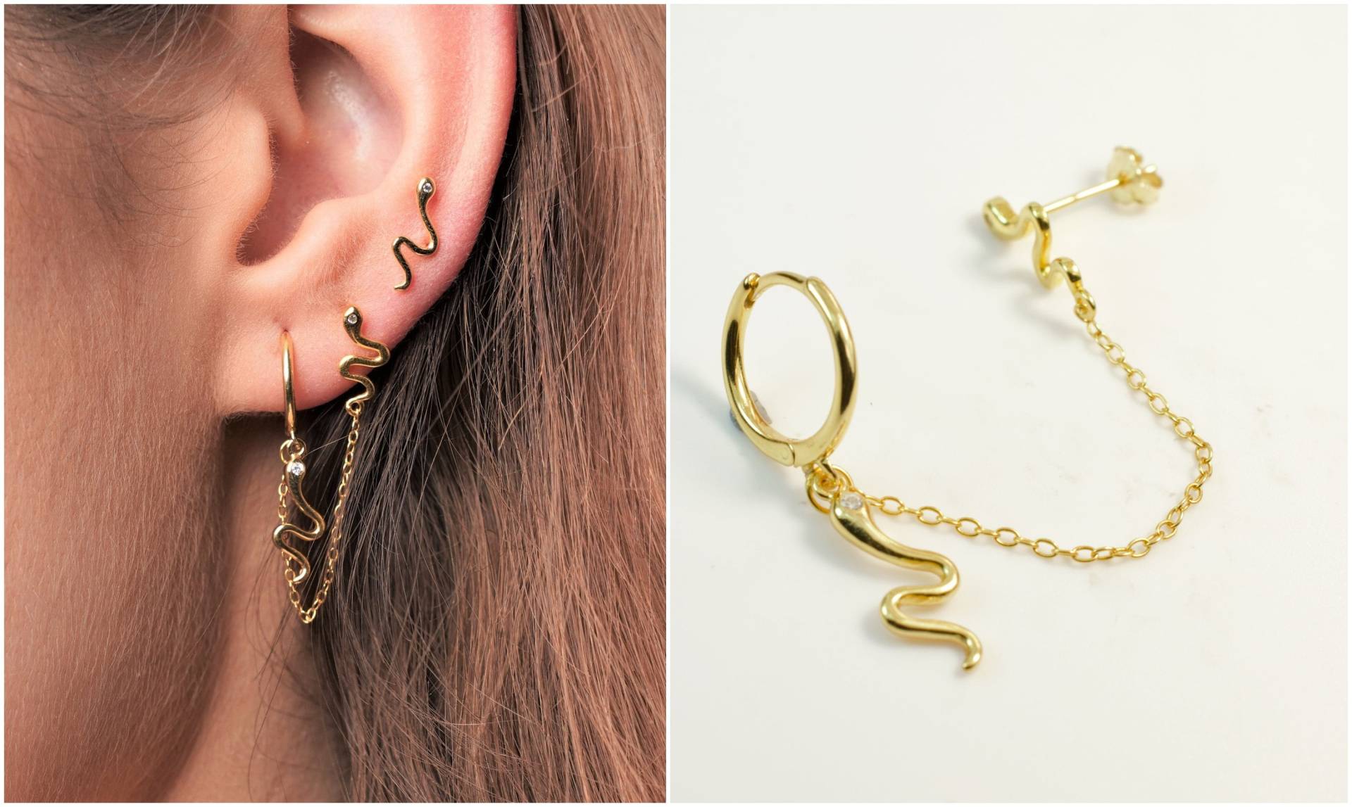Schlangen Ohrringe - Huggie Gold Kette Verbunden Hoop Erschwingliche Tropfen von diatjewels
