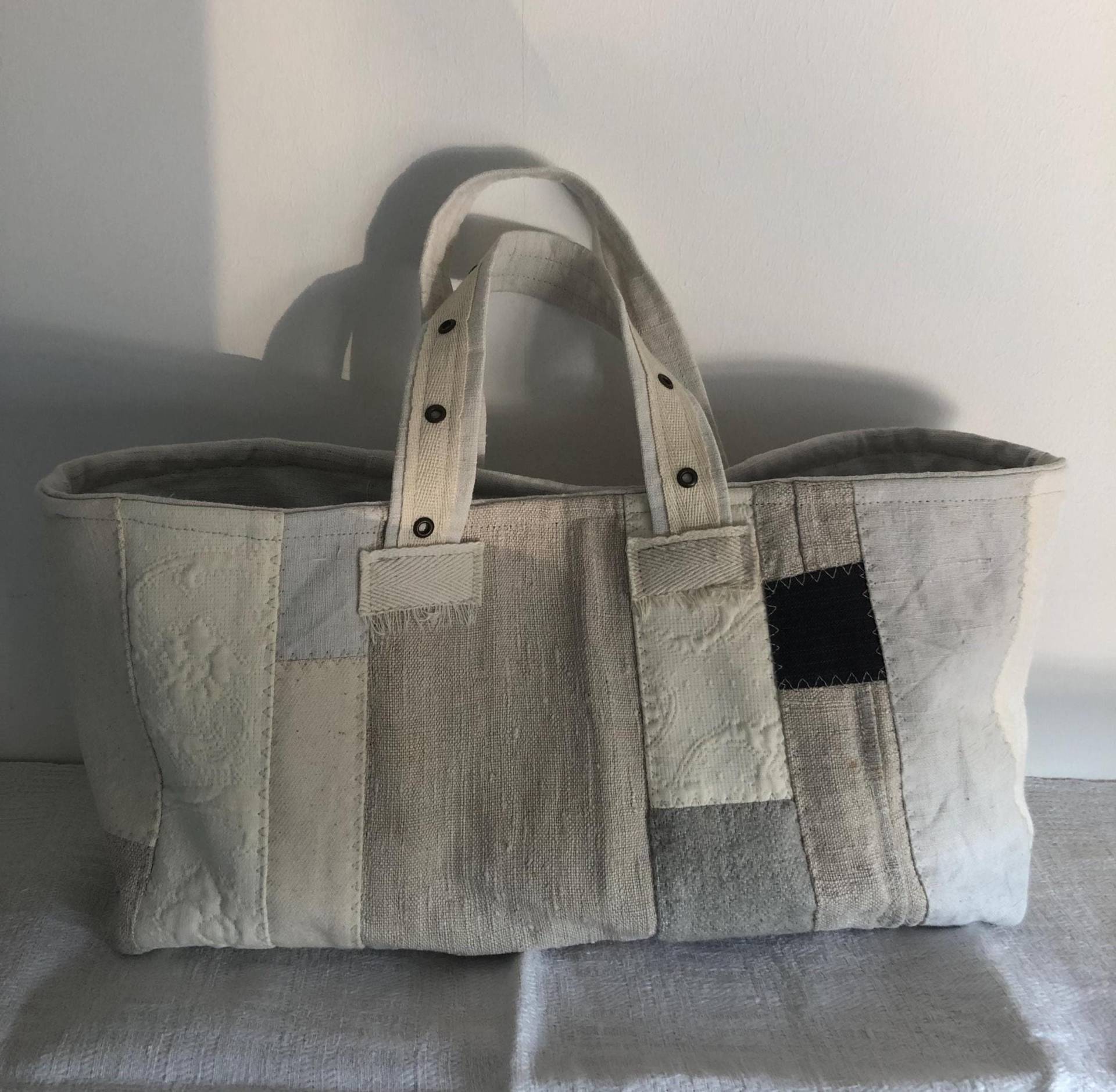 Leinentasche Rechteckig Stofftasche Patchwork Leinenstoffe Handtasche Handmade Casual Bag Tote Shabby Chic Markttasche Vintage Leinen von diekleineManufaktur