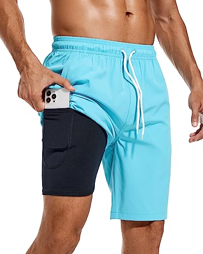 difficort Herren-Badehose, schnell trocknend, 22,9 cm Schrittlänge, Boardshorts mit Kompressionsfutter und Reißverschlusstasche, Himmelblau, Large von difficort