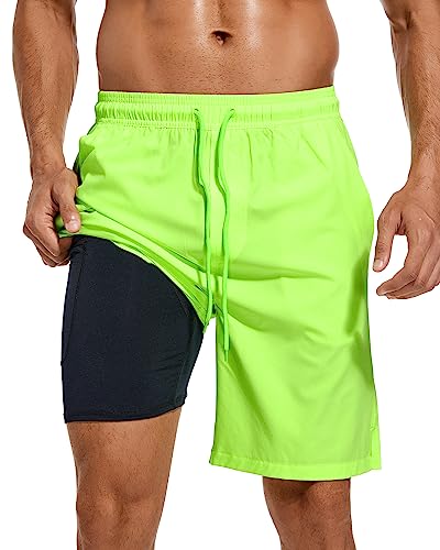 difficort Herren-Badehose, schnell trocknend, 22,9 cm Schrittlänge, Boardshorts mit Kompressionsfutter und Reißverschlusstasche, neon green, Medium von difficort