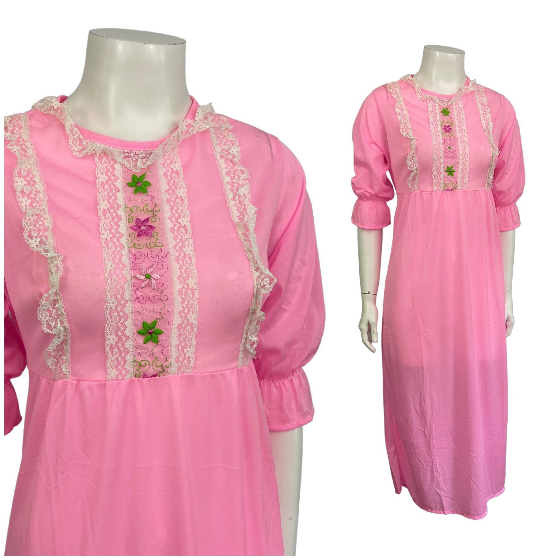 1960S Hot Pink Nachthemd/Halbärmeliges Long Embroidery Nightie Damen S/M von diggerodellvintage