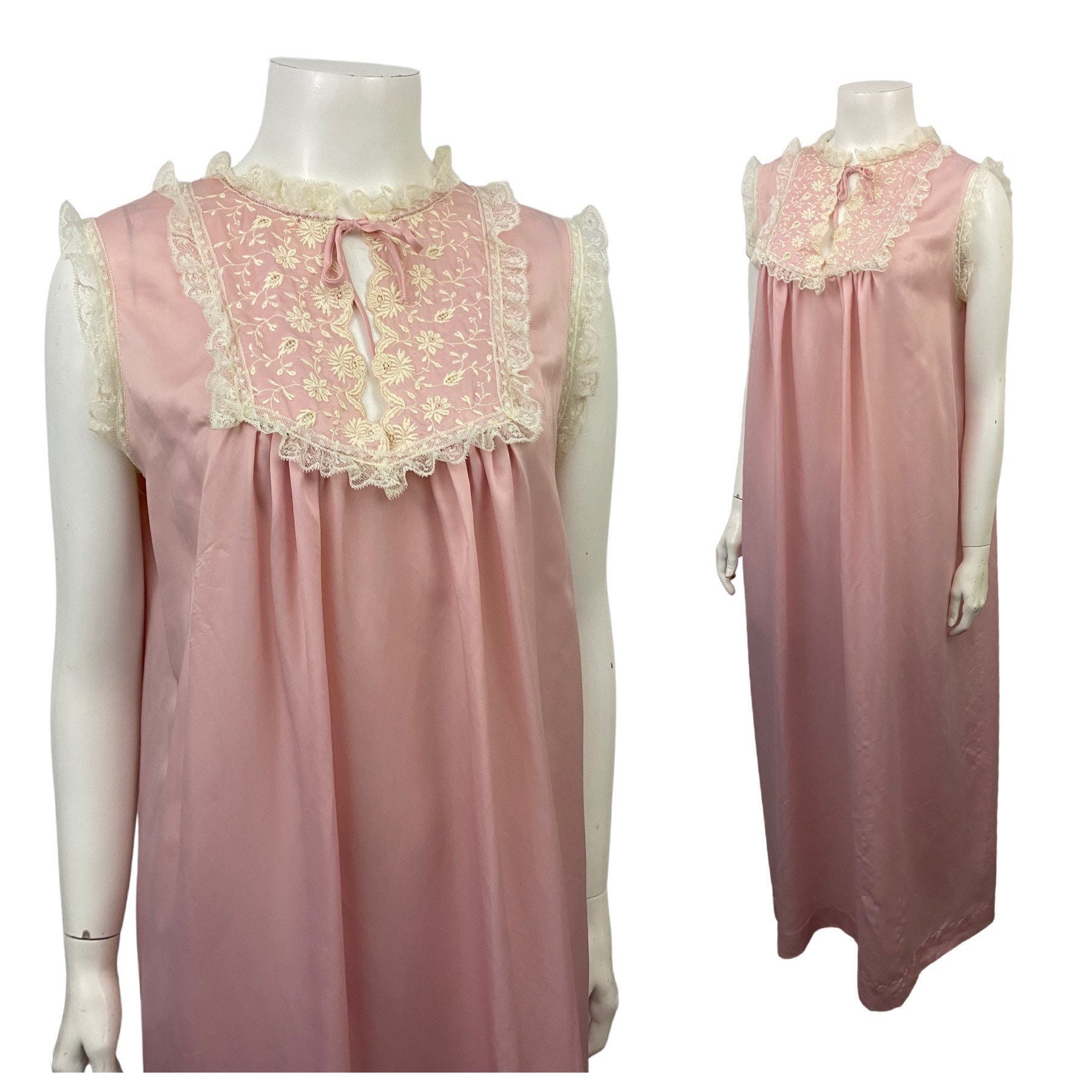 1960S Pink Lace Ärmelloses Nachthemd/Eve Stillman Long Embroidery Nightie Damen S/M von diggerodellvintage