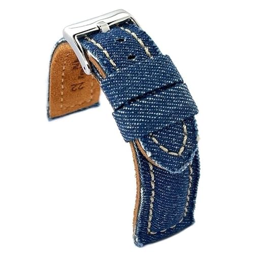 diloy Uhrenarmband Denim Jeans gepolstert – Vintage Stil – Lederfutter – Schwarz Blau Beige Grün – Größen 18mm 20mm 22mm 24mm 389 Himmelblau 22mm von diloy