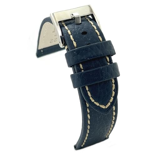 diloy Uhrenarmband Rindsleder mit Bison-Prägung und weißer Naht – Sportlicher Stil – Für robuste Uhren – Größen 18mm 20mm 22mm 24mm 26mm – Schwarz oder Braun 376 Navy Blau 20mm von diloy