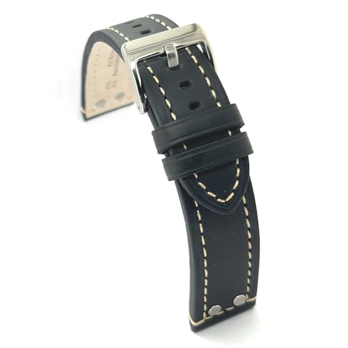 diloy Uhrenarmband geöltes Rindsleder Flieger Pilotenstil mit Nieten – Größen 18mm 20mm 22mm 24mm – Schwarz Dunkelbraun Hellbraun – Sportliches klassisches Design 381 Schwarz 22mm von diloy