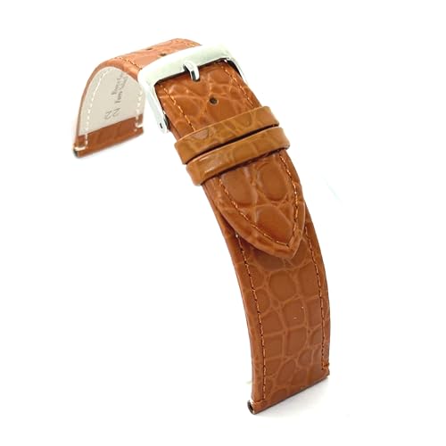 diloy Uhrenarmband aus Leder für klassische Uhren – Rindsleder mit rundem Krokodil-Prägemuster – Flach, klassischer Stil, Edelstahlschließe – Größen 12mm 14mm 16mm 18mm 20mm 22mm P209 Hellbraun 18mm von diloy