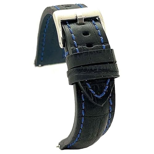 diloy Krokodilprägung Lederarmband extra dick für Chronographen – Größen 20mm 22mm 24mm 395 Schwarz Und Blau 24mm von diloy