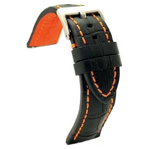 diloy Krokodilprägung Lederarmband extra dick für Chronographen – Größen 20mm 22mm 24mm 395 Schwarz Und Orange 24mm von diloy