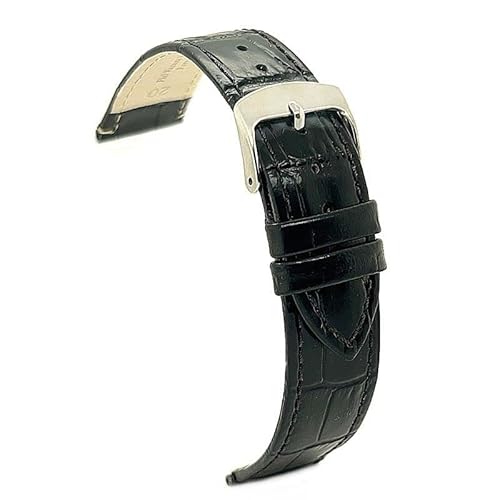 diloy Klassisches Uhrenarmband Kalbsleder Krokodilprägung quadratische Schuppen bequem – Edelstahlschließe – Größen 12mm 14mm 16mm 18mm 20mm 22mm 402 Schwarz 22mm von diloy