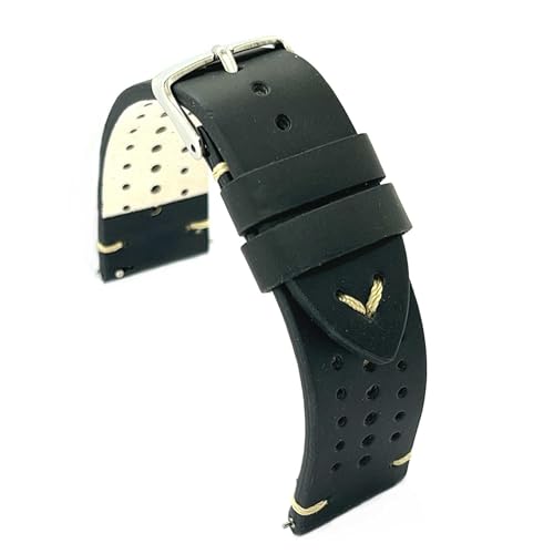 diloy Uhrenarmband geöltes Rindsleder perforiert Rallye Racing Vintage – Handgenäht – Handgefertigtes minimalistisches Design – Größen 20mm 22mm – Schwarz Braun Hellbraun 435 Schwarz 20mm von diloy