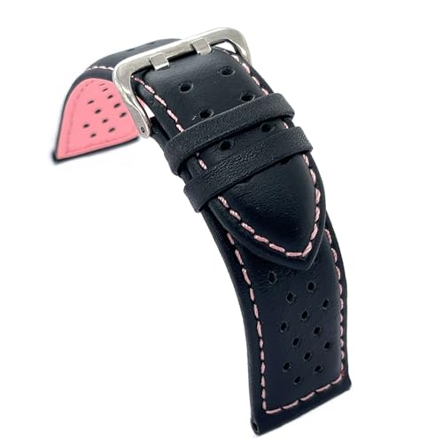 diloy Uhrenarmband glattes perforiertes Rindsleder Rallye Racing – Bunte Naht und Innenfutter – Größen 18mm 20mm 22mm 24mm – Schwarz mit Rot Blau Gelb Orange Weiß – Sportliches Design 380 Schwarz von diloy