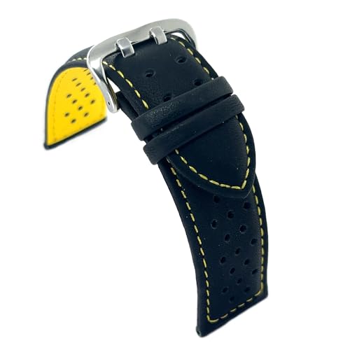 diloy Uhrenarmband glattes perforiertes Rindsleder Rallye Racing – Bunte Naht und Innenfutter – Größen 18mm 20mm 22mm 24mm – Schwarz mit Rot Blau Gelb Orange Weiß – Sportliches Design 380 Negro y von diloy