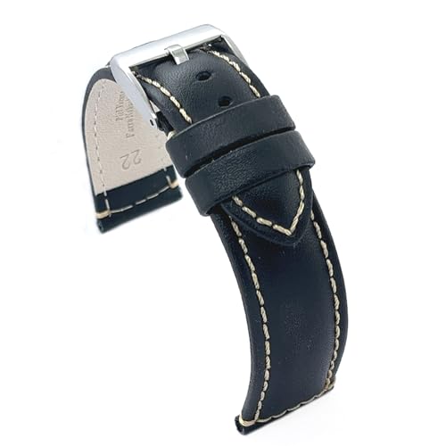 diloy Sportliches Uhrenarmband aus glattem Rindsleder mit weißer Naht – Gepolstert – Größen 14mm 16mm 18mm 20mm 22mm 24mm – Elegant und widerstandsfähig P354 Schwarz 18mm von diloy