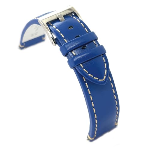 diloy Sportliches flaches Uhrenarmband aus glattem Rindsleder mit weißer Naht – Größen 14mm 16mm 18mm 20mm 22mm 24mm – Elegant und widerstandsfähig 373 Blau 18mm von diloy
