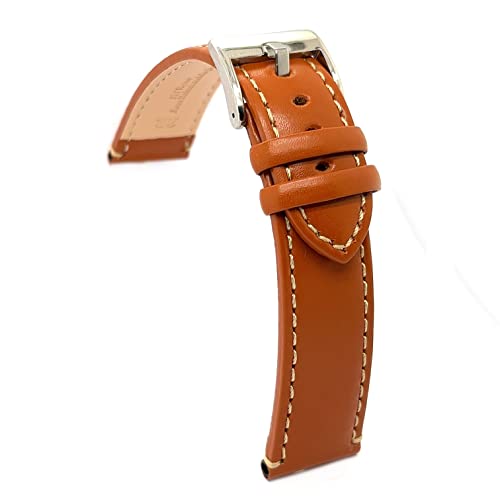 diloy Sportliches flaches Uhrenarmband aus glattem Rindsleder mit weißer Naht – Größen 14mm 16mm 18mm 20mm 22mm 24mm – Elegant und widerstandsfähig 373 Hellbraun 24mm von diloy