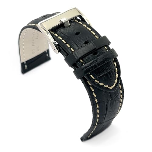 diloy Sportliches gepolstertes Uhrenarmband Rindsleder Krokoprägung quadratisch – Größen 14mm 16mm 18mm 20mm 22mm 24mm 26mm 28mm 30mm – Elegant und widerstandsfähig 368 Schwarz Und Weiß 22mm von diloy