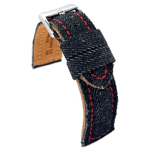 diloy Uhrenarmband Denim Jeans gepolstert – Vintage Stil – Lederfutter – Schwarz Blau Beige Grün – Größen 18mm 20mm 22mm 24mm 389 Schwarz Und Rot 18mm von diloy