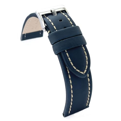 diloy Uhrenarmband Leder Rindsleder geölt 18mm 20mm 22mm 24mm 26mm weiße Nähte Ref. 377 Navy Blau 18mm von diloy