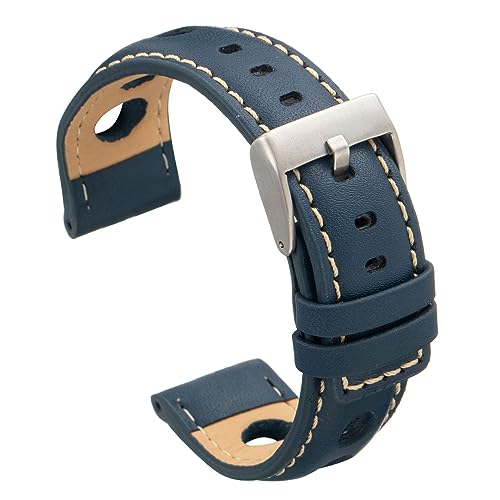 diloy Uhrenarmband Rindsleder perforiert Rallye Racing Stil – Sportliches Design – Größen 20mm 22mm 24mm – Schwarz, Braun, Bordeaux oder Marineblau P355 Navy Blau 22mm von diloy
