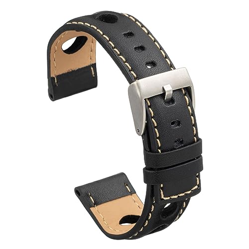 diloy Uhrenarmband Rindsleder perforiert Rallye Racing Stil – Sportliches Design – Größen 20mm 22mm 24mm – Schwarz, Braun, Bordeaux oder Marineblau P355 Schwarz 22mm von diloy