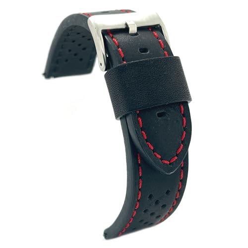 diloy Uhrenarmband Rindsleder glatt perforiert Rallye Racing Vintage – Kontrastnähte schwarz weiß rot blau – Größen 20mm 22mm 24mm – Schwarz – Sportlich klassisch 398 Schwarz Und Rot 22mm von diloy