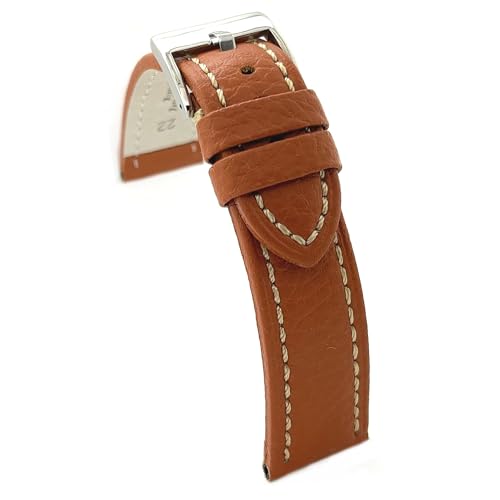 diloy Uhrenarmband Rindsleder mit Bison-Prägung und weißer Naht – Sportlicher Stil – Für robuste Uhren – Größen 18mm 20mm 22mm 24mm 26mm – Schwarz oder Braun 376 Hellbraun 26mm von diloy