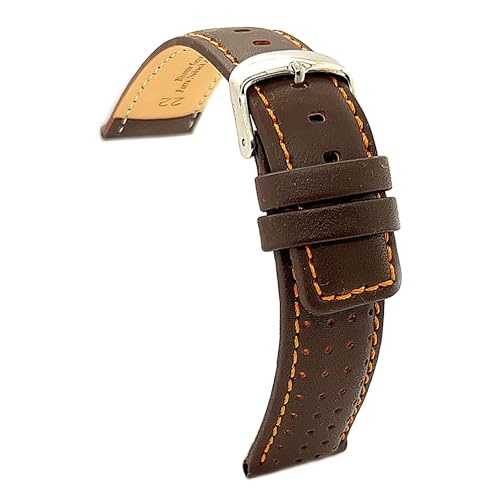 diloy Uhrenarmband Rindsleder perforiert Rallye Racing Stil Kontrastnaht – Sportlich für Uhr – Größen 18mm 20mm 22mm 24mm Schwarz, Braun, Rot, Marineblau 367 Dunkelbraun 22mm von diloy