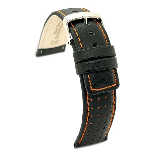 diloy Uhrenarmband Rindsleder perforiert Rallye Racing Stil Kontrastnaht – Sportlich für Uhr – Größen 18mm 20mm 22mm 24mm Schwarz, Braun, Rot, Marineblau 367 Schwarz 20mm von diloy