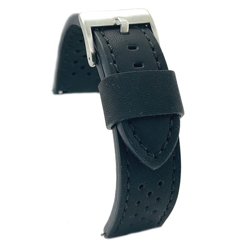 diloy Uhrenarmband Rindsleder glatt perforiert Rallye Racing Vintage – Kontrastnähte schwarz weiß rot blau – Größen 20mm 22mm 24mm – Schwarz – Sportlich klassisch 398 Schwarz 20mm von diloy