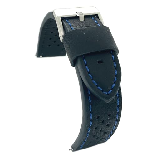 diloy Uhrenarmband Rindsleder glatt perforiert Rallye Racing Vintage – Kontrastnähte schwarz weiß rot blau – Größen 20mm 22mm 24mm – Schwarz – Sportlich klassisch 398 Schwarz Und Blau 18mm von diloy