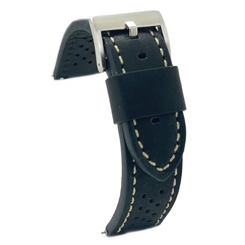 diloy Uhrenarmband Rindsleder glatt perforiert Rallye Racing Vintage – Kontrastnähte schwarz weiß rot blau – Größen 20mm 22mm 24mm – Schwarz – Sportlich klassisch 398 Schwarz Und Weiß 24mm von diloy