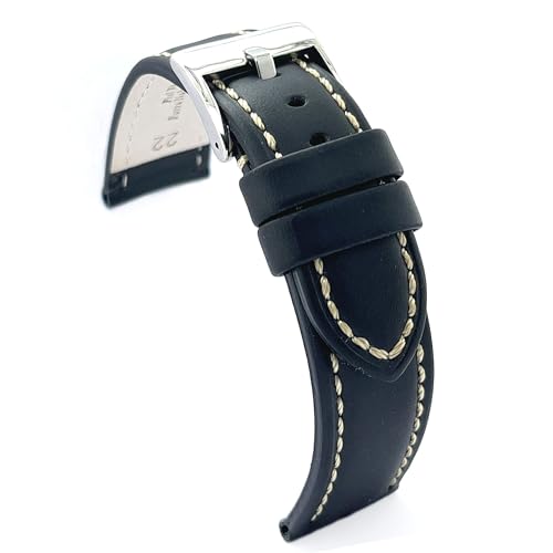 diloy Uhrenarmband aus geöltem Rindsleder mit weißer Naht – Sportlicher Stil für robuste Uhren – Größen 18mm 20mm 22mm 24mm 26mm – Schwarz Braun Blau oder Rot 377 Schwarz 22mm von diloy
