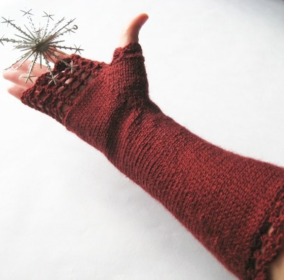 Burgund Lange Fingerlose Handschuhe, Spitze Wolle Fäustlinge, Gestrickte Frauen Accessoires, Winter Trendy Weihnachtsgeschenk von dimana