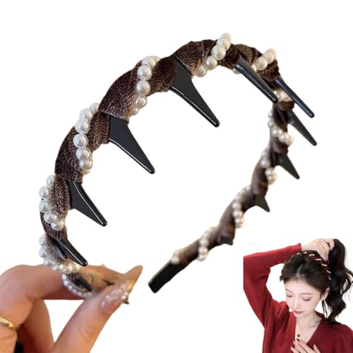 Vintage High Cranium Kunstperle Haarband Elegante Perlen Stirnbänder für Frauen Mädchen Bling Dekoratives Haarband mit Zähnen Hoop Mode Haarschmuck Geschenk (Braun, Kristallstil) von dinblex