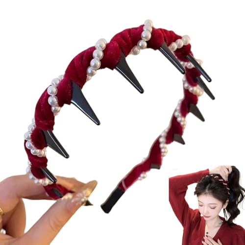 Vintage High Cranium Kunstperle Haarband Elegante Perlen Stirnbänder für Frauen Mädchen Bling Dekoratives Haarband mit Zähnen Hoop Mode Haarschmuck Geschenk (Burgunderrot, Perlenstil) von dinblex