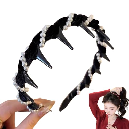 Vintage High Cranium Kunstperle Haarband Elegante Perlen Stirnbänder für Frauen Mädchen Bling Dekoratives Haarband mit Zähnen Hoop Mode Haarschmuck Geschenk (Schwarz, Perlenstil) von dinblex