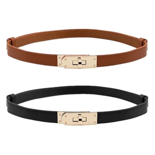Dinghaole 2er Damen Skinny Ledergürtel, Frauen Skinny Ledergürtel, verstellbare Skinny Ledergürtel Klassisch Solide Farbe Legierung Turn Lock Damen Gürtel für Jeans Hosen Kleider von dinghaole