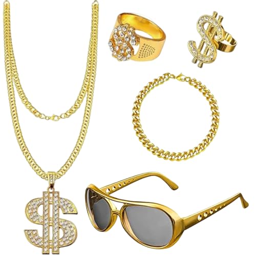 dinghaole 5 Stück Zuhälter Kostüm Herren, Hip Hop 80er 90er Jahre Outfit mit Goldkette, Gangster Goldkette Sonnenbrille Dollar Kette Ring für Karneval Fasching Halloween Cosplay Karneval Fasching von dinghaole