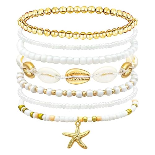 dinghaole 7 Stück Sommer Strand Armbänder für Damen, Seestern-Anhänger, Muschel-Armbänder, Sommer-Strand-Armbänder, Armreif-Accessoires für Damen, Schmuckzubehör für Frauen von dinghaole