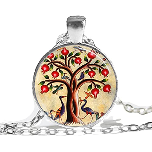 Baum des Lebens Halskette Vögel und Granatapfel Obstbaum Natur Kunst Anhänger Glaskuppel Halskette von dingyue