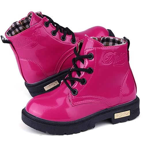 dinimigi Kinder Boots Mädchen Stiefel Rutschfeste Boots Baby Reißverschluss Komfortabel Halbstiefel Schnürstiefel Mode Lederstiefel Rose Rot Ohne Plüsch von dinimigi