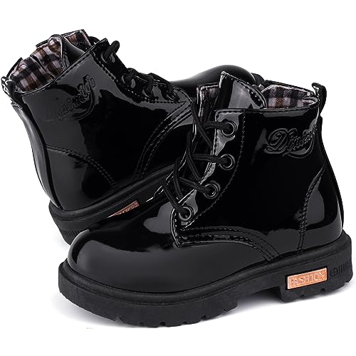 dinimigi Kinder Boots Mädchen Stiefel Rutschfeste Boots Baby Reißverschluss Komfortabel Halbstiefel Schnürstiefel Mode Lederstiefel Schwarz Ohne Plüsch von dinimigi