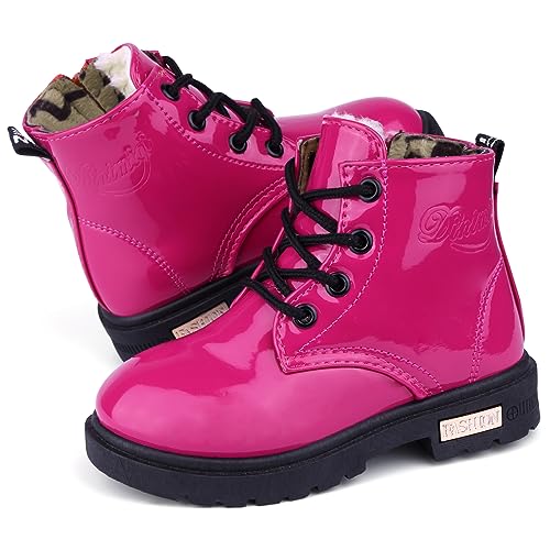 dinimigi Kinder Boots Mädchen Stiefel Rutschfeste Winter Boots Baby Schneestiefel Warm Gefüttert Reißverschluss Komfortabel Halbstiefel Schnürstiefel Mode Lederstiefel Rose Rot Mit Plüsch von dinimigi