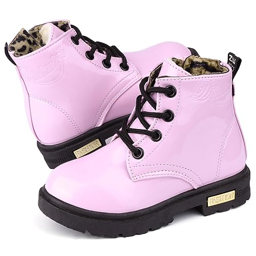 dinimigi Kinder Boots Mädchen Stiefel Rutschfeste Winter Boots Baby Schneestiefel Warm Gefüttert Reißverschluss Komfortabel Halbstiefel Schnürstiefel Mode Lederstiefel Rosa Mit Plüsch von dinimigi