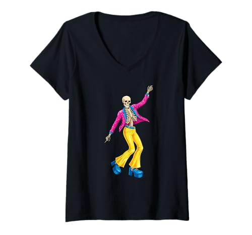 Damen Disco Skelett Retro Tanz Halloween T-Shirt mit V-Ausschnitt von disco skeleton retro dance halloween funky haunted
