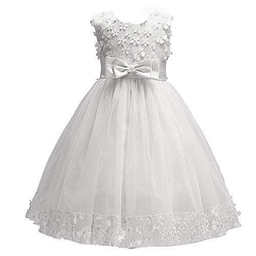 Discoball Mädchen Kleid Tüll Blumenmädchenkleider für Party Brautjungfer Hochzeit, Farbe: Weiß, 9-10 Jahre von discoball