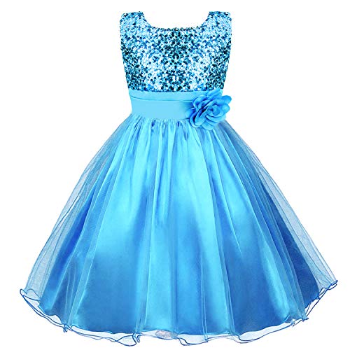 discoball Mädchen Kleid Pailletten Blumen Kleider Kinder Festkleid Spitzenkleid Prinzessin Hochzeit Brautjungfer Party Kostüm Ärmellos Tüll Taufkleid Kommunionkleid (Blau, 11-12 Jahre) von discoball